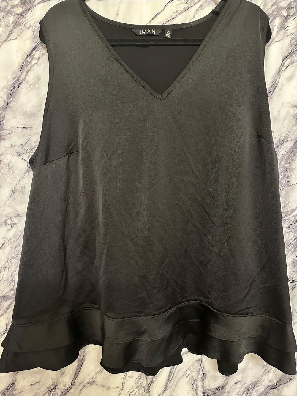 IMAN Black V-Neck Layered Ruffle Hem Sleeveless Tunic